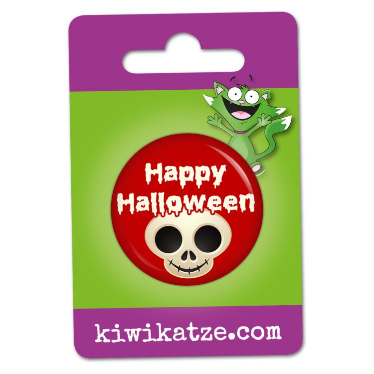 Ansteckbutton Happy Halloween Totenkopf an Eurolochkarte